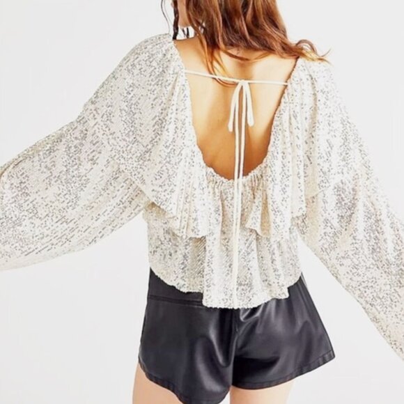 Free People Silver Tiered Ruffle Balloon Sleeve Sequin Flowy Top Size XS NWT - Picture 3 of 13